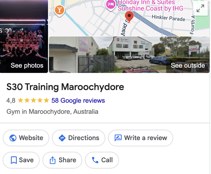 Google Business Profile for S30 Training Maroochydore showing a 4.8 star rating and 58 Google reviews.
