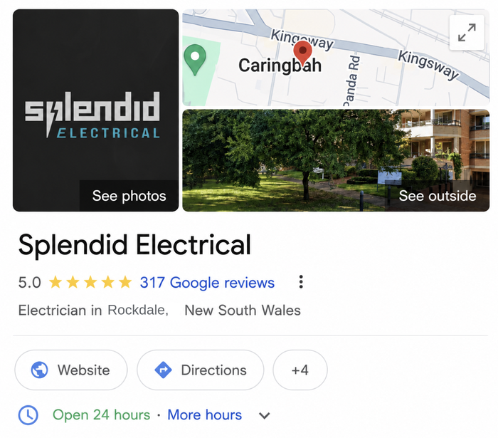 Google Business Profile for Splendid Electrical showing a 5.0 star rating and 317 Google reviews.