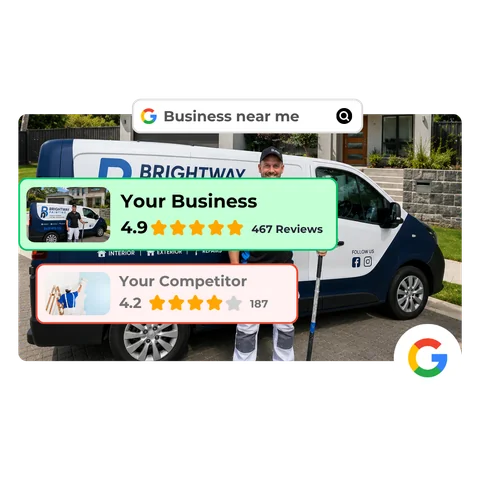 Google "business near me" result showing your 4.9-star business ranked above a 4.2-star competitor
