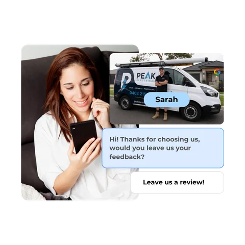 Personalised review request message featuring the customer's name and a photo of the completed job